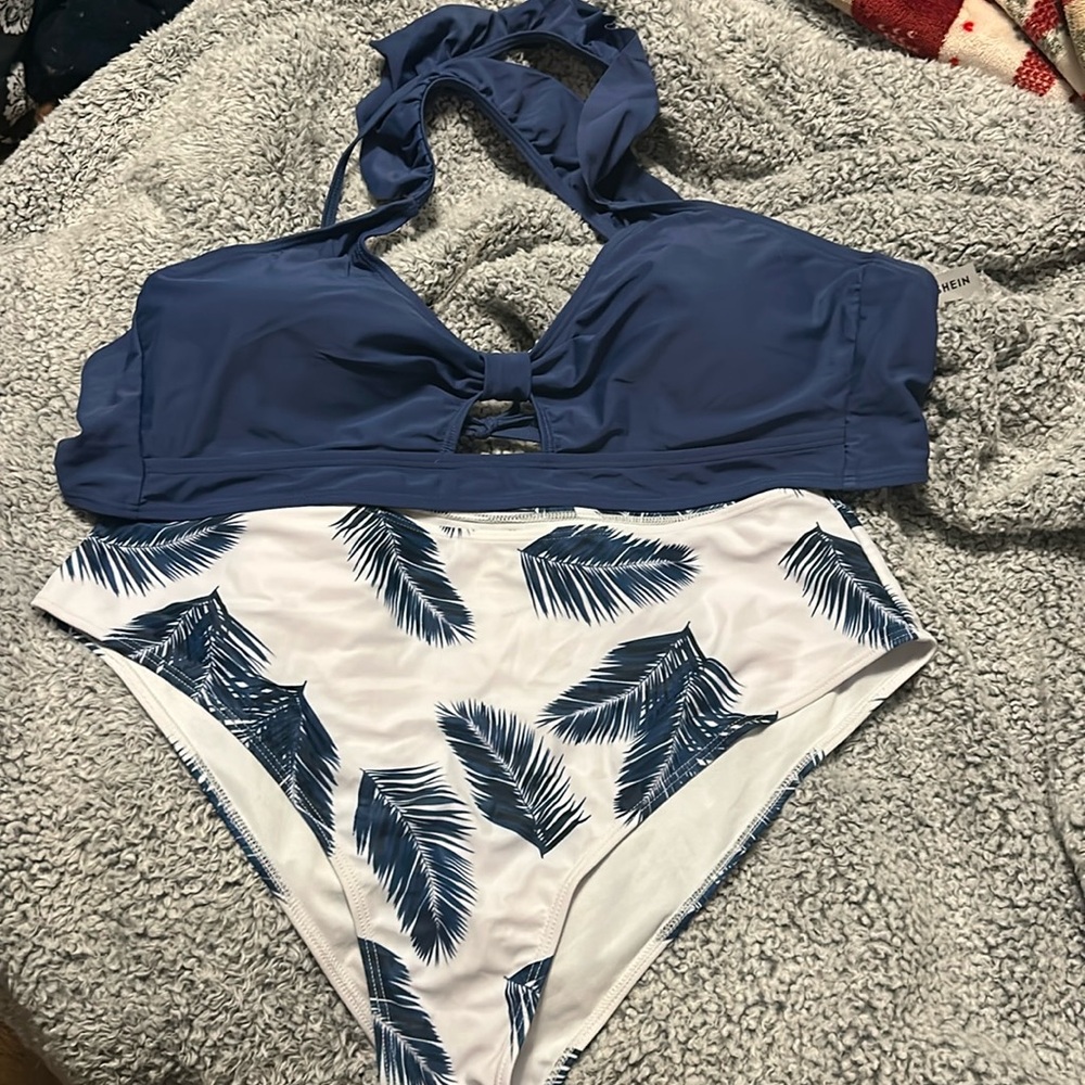 Shein plus Blue palm and ruffle swimsuit
